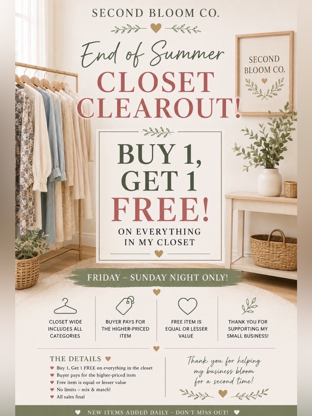 END OF SUMMER SALE 🌿 BUY 1, GET 1 FREE — CLOSET-WIDE!